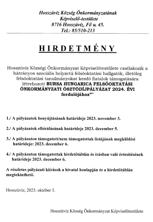BURSA hirdetmény Hosszúvíz 2024