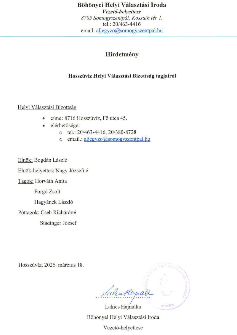 Hirdetmény HVB tagokról Hosszúvíz