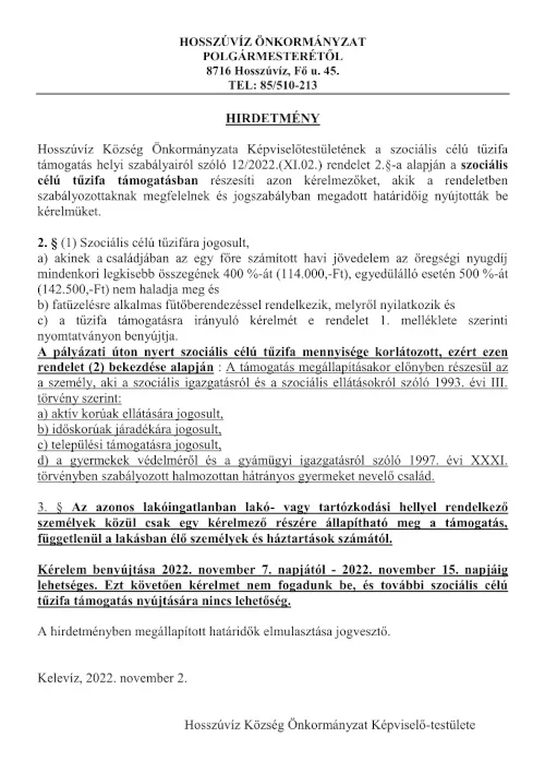 hirdetmeny hosszuviz szoc tuzifa 2022