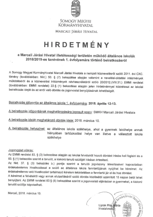 hirdetmeny isk beiratkozas 2018 2019